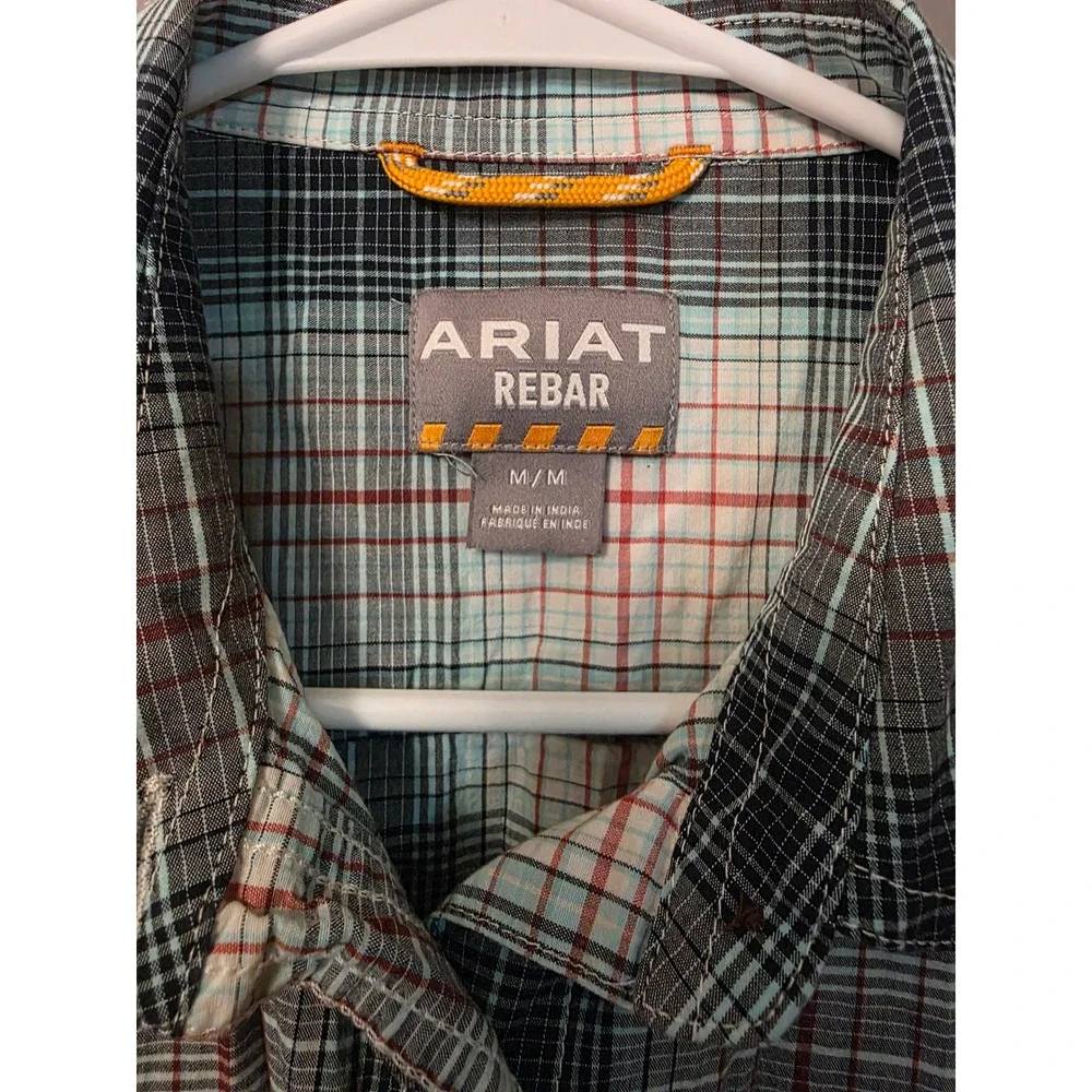 Ariat Rebar Mens Plaid Long Sleeve Work Shirt Blue Orange Button Down Medium